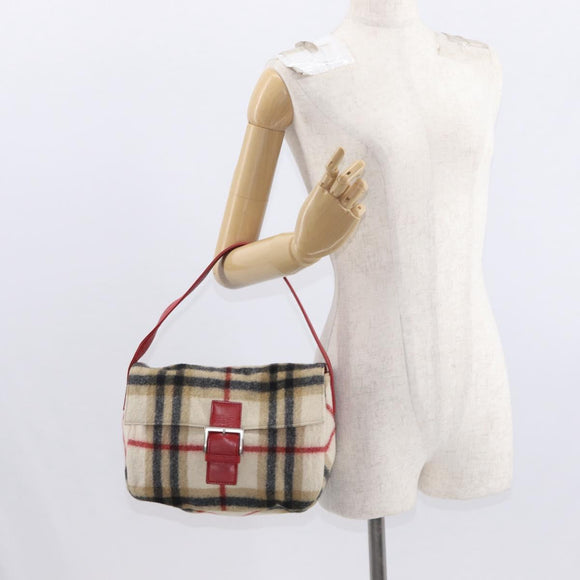 Burberrys Nova Check Shoulder Bag Wool Beige Silver Auth 161279V