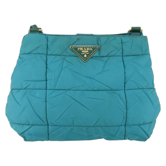 PRADA Shoulder Bag Nylon Turquoise Blue Gold Auth 161283