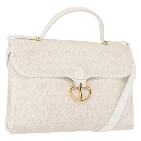Christian Dior Honeycomb Canvas Hand Bag PVC 2way Gold White Auth 161290