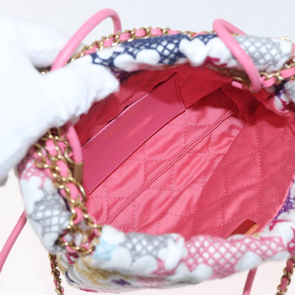 CHANEL Chain Chanel 22 Mini Bag Lace Patchwork 2way Gold White CC Auth 161330SM