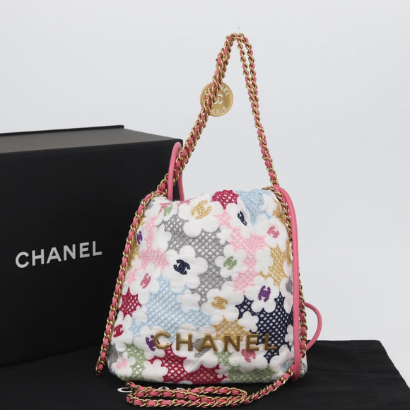 CHANEL Chain Chanel 22 Mini Bag Lace Patchwork 2way Gold White CC Auth 161330SM