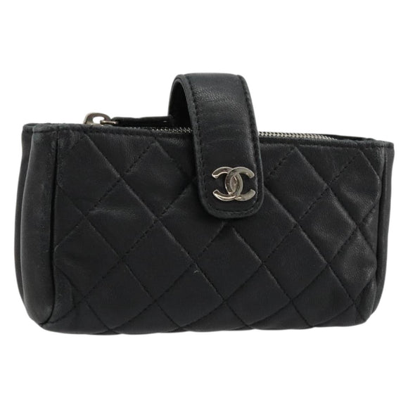 CHANEL Matelasse Coin Purse Lamb Skin Black Silver CC Auth 161338A