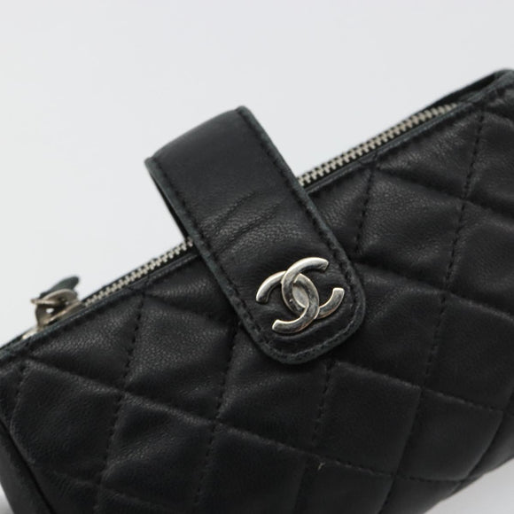 CHANEL Matelasse Coin Purse Lamb Skin Black Silver CC Auth 161338A