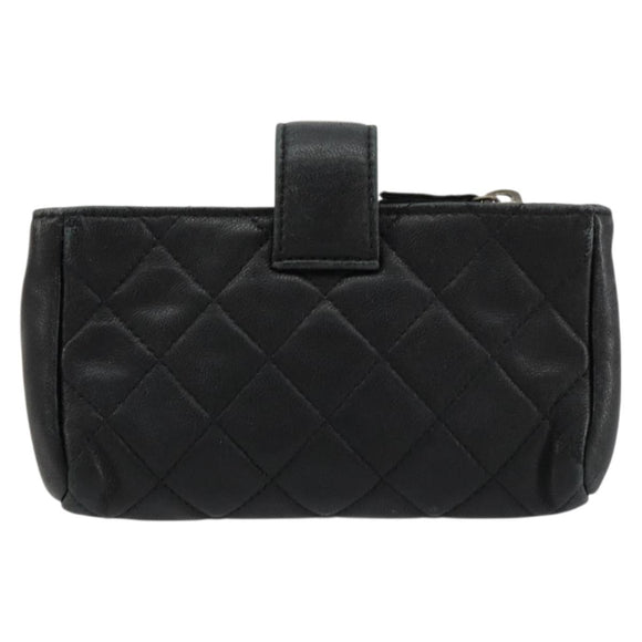 CHANEL Matelasse Coin Purse Lamb Skin Black Silver CC Auth 161338A