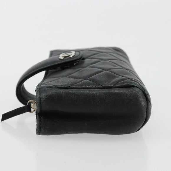 CHANEL Matelasse Coin Purse Lamb Skin Black Silver CC Auth 161338A