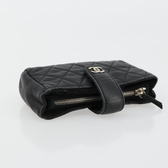 CHANEL Matelasse Coin Purse Lamb Skin Black Silver CC Auth 161338A