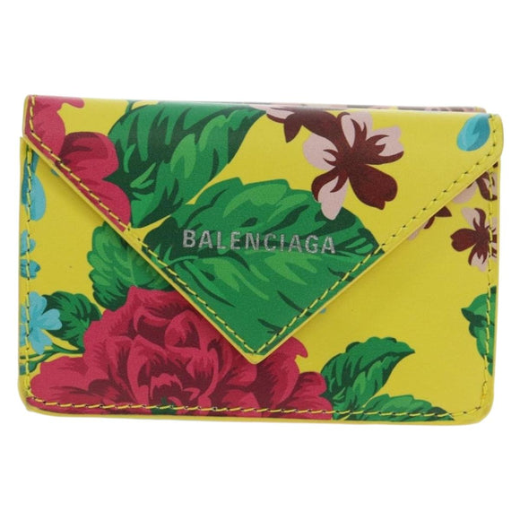 BALENCIAGA Paper Mini Wallet Trifold Leather Yellow Silver 391446 Auth 161339M