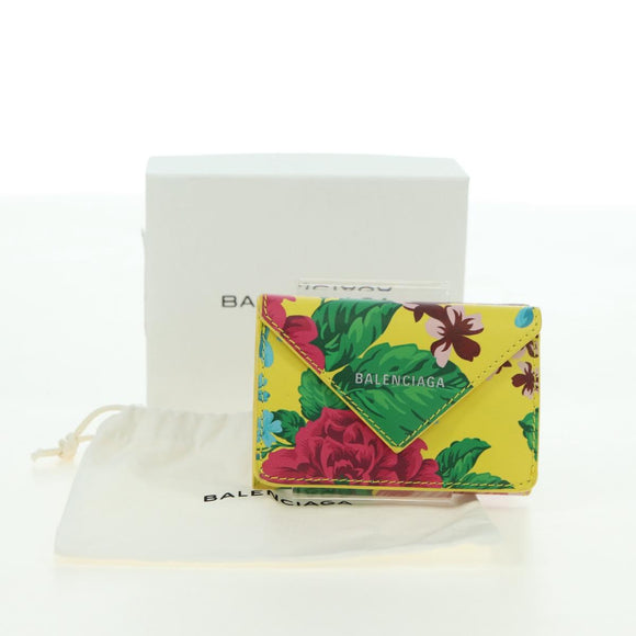 BALENCIAGA Paper Mini Wallet Trifold Leather Yellow Silver 391446 Auth 161339M
