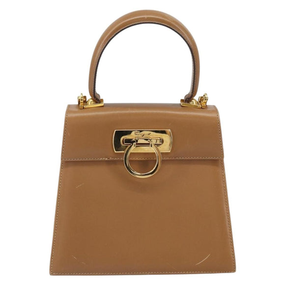 Salvatore Ferragamo Gancini Hand Bag Leather 2way Beige Gold Auth 161403