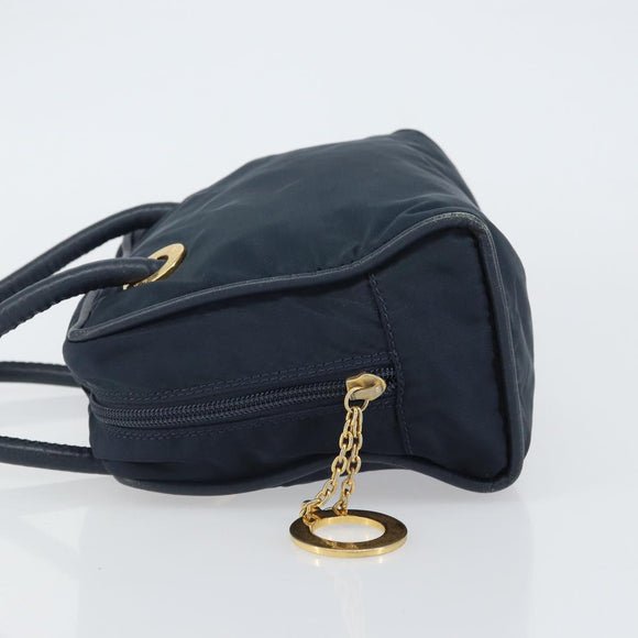 CELINE Circle Hand Bag Nylon Navy Gold Auth 161415