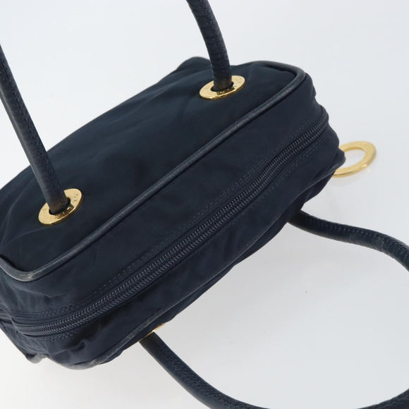 CELINE Circle Hand Bag Nylon Navy Gold Auth 161415