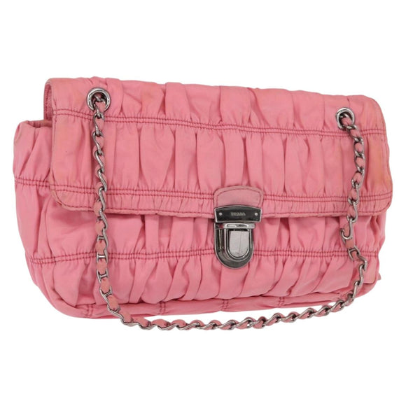 PRADA Gathered Chain Shoulder Bag Nylon Pink Silver Auth 161419