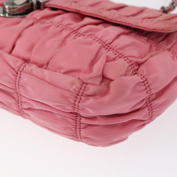 PRADA Gathered Chain Shoulder Bag Nylon Pink Silver Auth 161419
