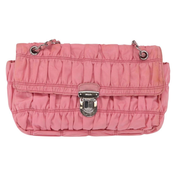 PRADA Gathered Chain Shoulder Bag Nylon Pink Silver Auth 161419
