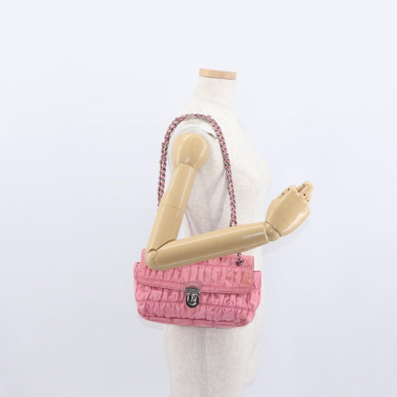 PRADA Gathered Chain Shoulder Bag Nylon Pink Silver Auth 161419