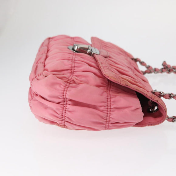 PRADA Gathered Chain Shoulder Bag Nylon Pink Silver Auth 161419