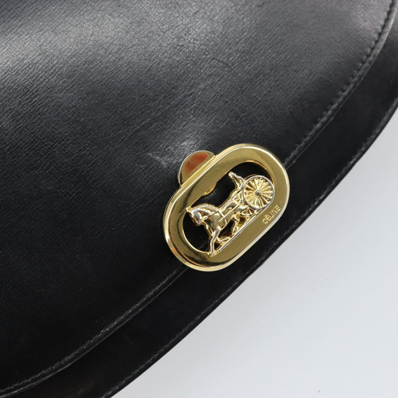 CELINE Horse Carriage Shoulder Bag Leather Black Gold Auth 161421