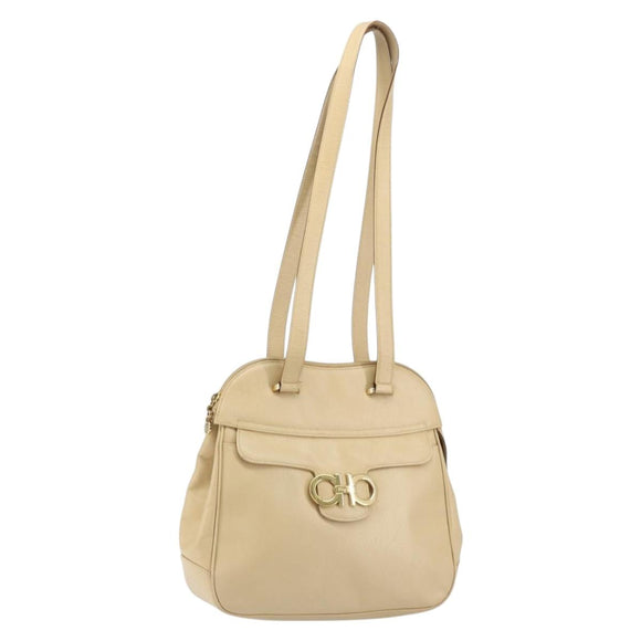 Salvatore Ferragamo Gancini Shoulder Bag Leather Beige Gold Auth 161430