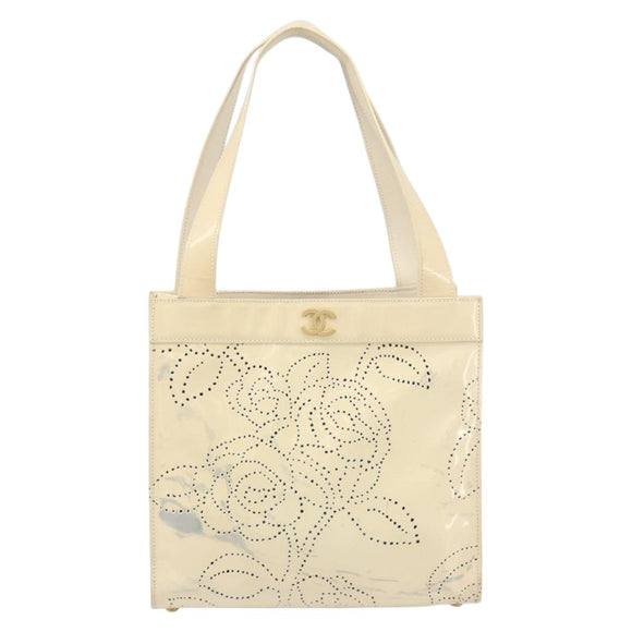 CHANEL Camelia Shoulder Bag Patent leather Ivory Gold CC Auth 161438