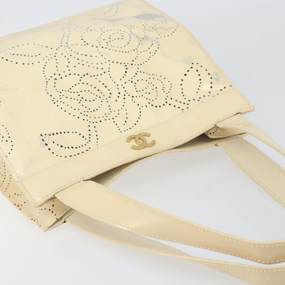 CHANEL Camelia Shoulder Bag Patent leather Ivory Gold CC Auth 161438