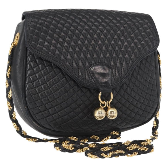 BALLY Chain Shoulder Bag Leather Black Gold Auth 161473