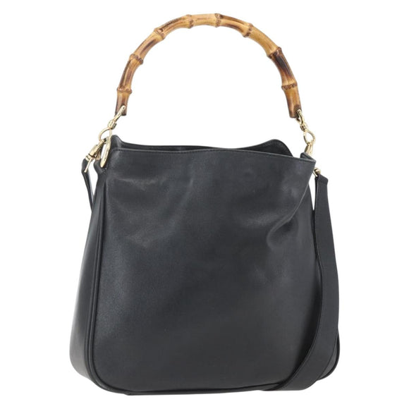 GUCCI Bamboo Hand Bag Leather 2way Black Gold 001 1705 1638 Auth 161481