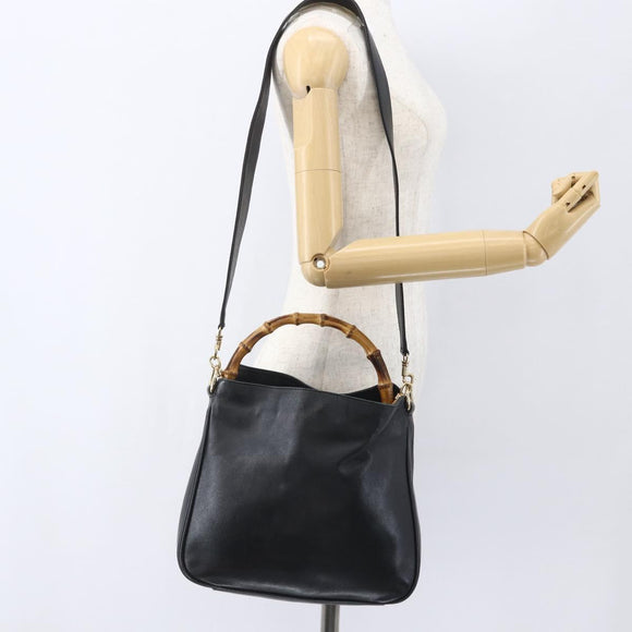 GUCCI Bamboo Hand Bag Leather 2way Black Gold 001 1705 1638 Auth 161481