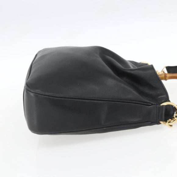 GUCCI Bamboo Hand Bag Leather 2way Black Gold 001 1705 1638 Auth 161481
