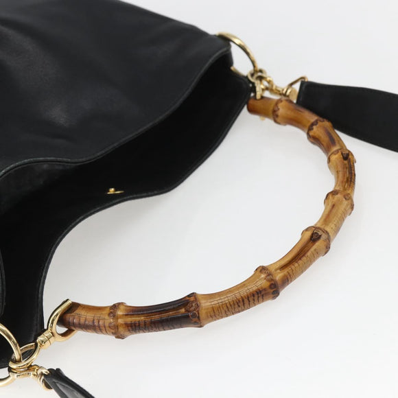 GUCCI Bamboo Hand Bag Leather 2way Black Gold 001 1705 1638 Auth 161481