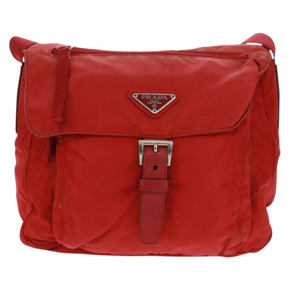 PRADA Shoulder Bag Nylon Red Silver Auth 161482