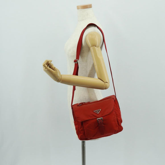 PRADA Shoulder Bag Nylon Red Silver Auth 161482