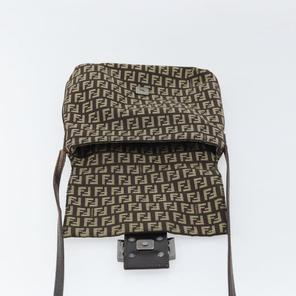 FENDI Zucchino Canvas Mamma Baguette Shoulder Bag Brown Silver Auth 161497