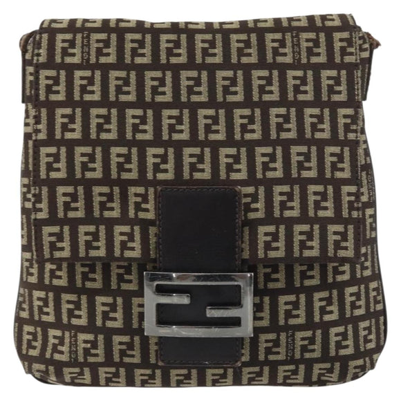 FENDI Zucchino Canvas Mamma Baguette Shoulder Bag Brown Silver Auth 161497