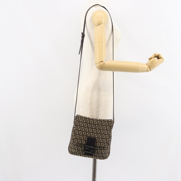 FENDI Zucchino Canvas Mamma Baguette Shoulder Bag Brown Silver Auth 161497