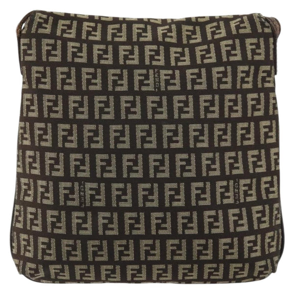 FENDI Zucchino Canvas Mamma Baguette Shoulder Bag Brown Silver Auth 161497