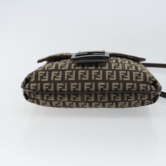 FENDI Zucchino Canvas Mamma Baguette Shoulder Bag Brown Silver Auth 161497