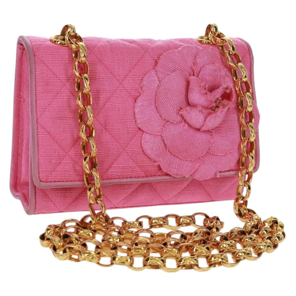 CHANEL Matelasse Chain Camelia Shoulder Bag Cotton Pink Gold CC Auth 161522V