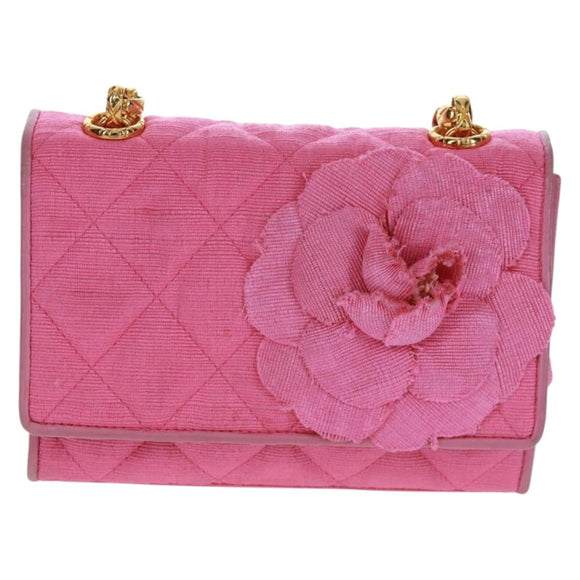 CHANEL Matelasse Chain Camelia Shoulder Bag Cotton Pink Gold CC Auth 161522V