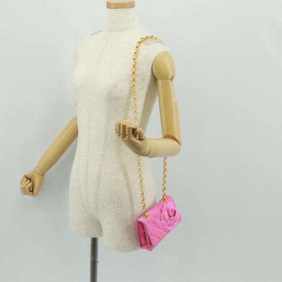 CHANEL Matelasse Chain Camelia Shoulder Bag Cotton Pink Gold CC Auth 161522V