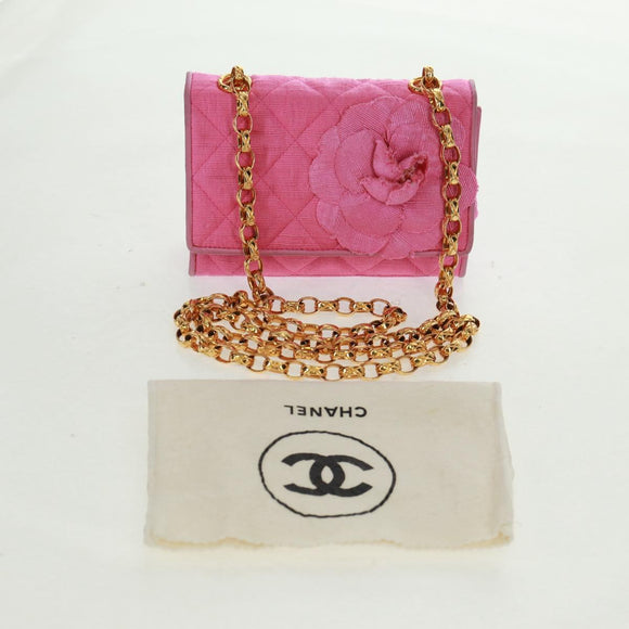 CHANEL Matelasse Chain Camelia Shoulder Bag Cotton Pink Gold CC Auth 161522V