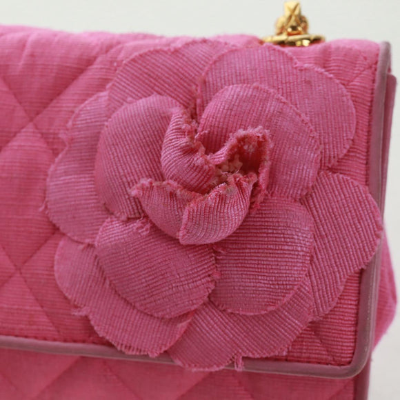 CHANEL Matelasse Chain Camelia Shoulder Bag Cotton Pink Gold CC Auth 161522V
