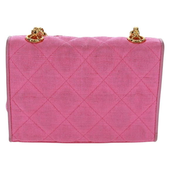 CHANEL Matelasse Chain Camelia Shoulder Bag Cotton Pink Gold CC Auth 161522V