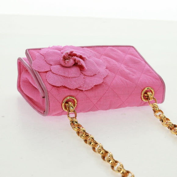 CHANEL Matelasse Chain Camelia Shoulder Bag Cotton Pink Gold CC Auth 161522V