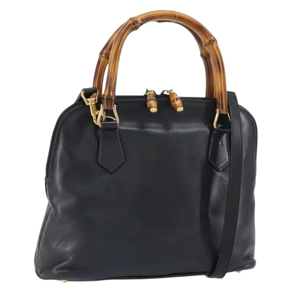 GUCCI Bamboo Hand Bag Leather 2way Black Gold 000 3780 0290 Auth 161528