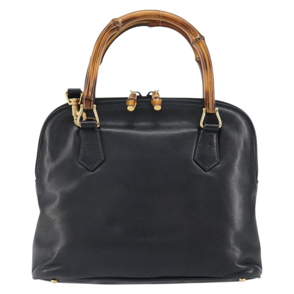 GUCCI Bamboo Hand Bag Leather 2way Black Gold 000 3780 0290 Auth 161528