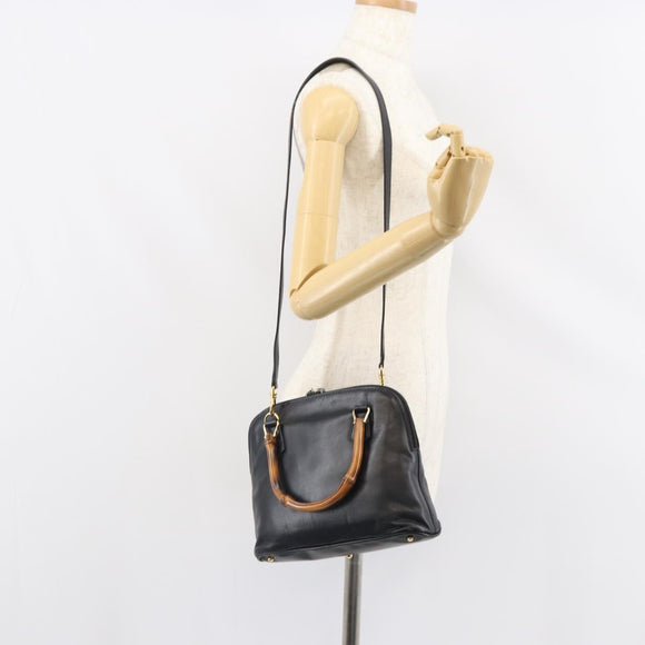 GUCCI Bamboo Hand Bag Leather 2way Black Gold 000 3780 0290 Auth 161528