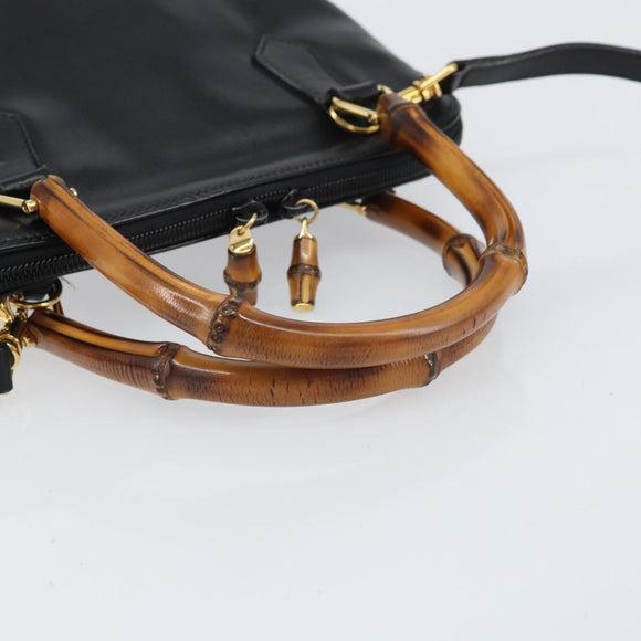 GUCCI Bamboo Hand Bag Leather 2way Black Gold 000 3780 0290 Auth 161528