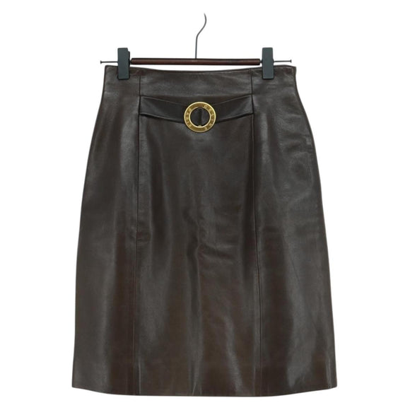 CELINE Skirt Lamb Skin Brown Gold Auth 161571V