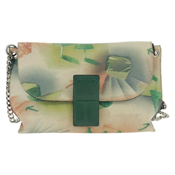 LOEWE Chain Avenue Shoulder Bag Leather Green Silver Auth 161591V