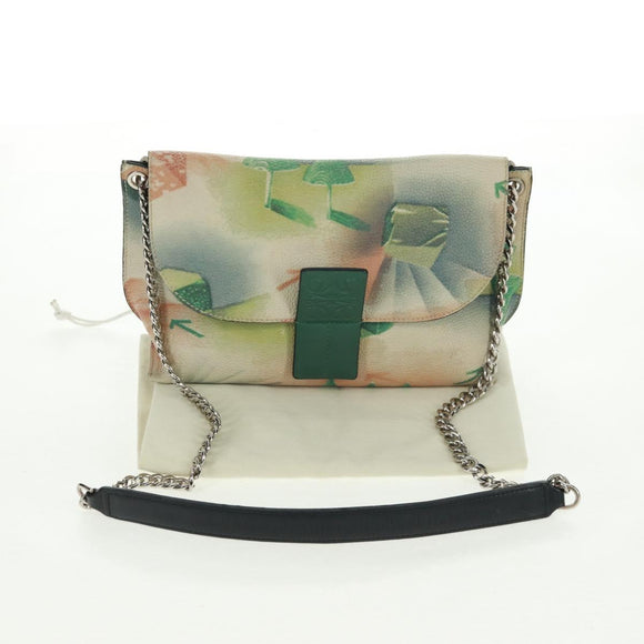 LOEWE Chain Avenue Shoulder Bag Leather Green Silver Auth 161591V